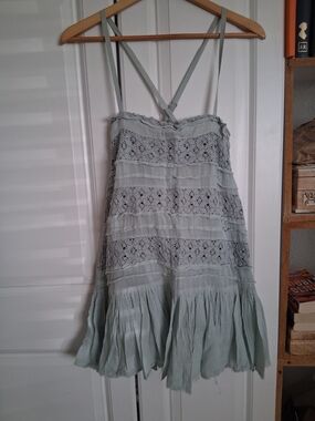 Light Sage Crochet-Trim Mini Dress with Adjustable Straps